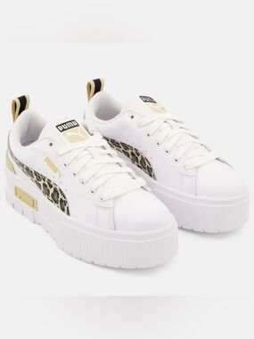 Women Puma White Platform Sneakers with Leopard Print and Gold Accents